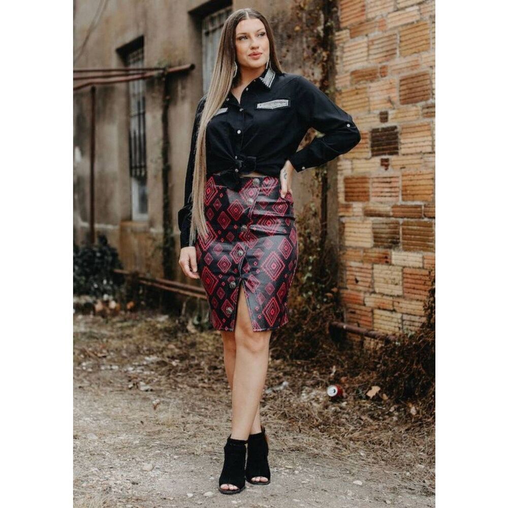 Lucky and Blessed L&B Size Small Pink & Black AZTEC OVERLAP FAUX LEATHER SKIRT W